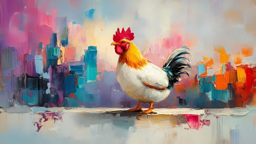 Colorful Rooster in Expressionist Urban Backdrop