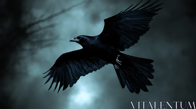 Black Raven Soaring Dark Sky AI Image