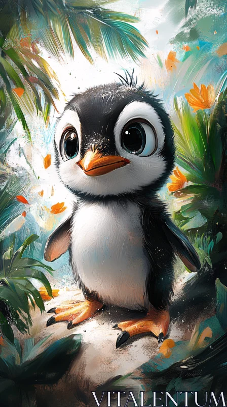 Adorable Young Penguin in Jungle Art AI Image