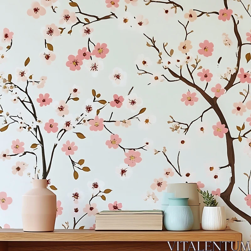 AI ART Serene Room with Pink Cherry Blossom Wallpaper