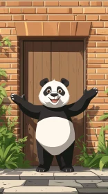 Panda Greets by Wooden Door