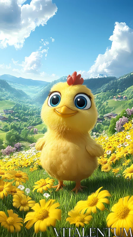 Whimsical Chick in Spring Landscape AI Image