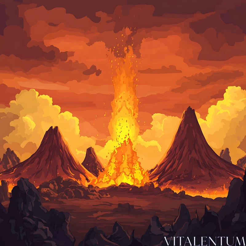 Fiery Volcanic Eruption Over Jagged Mountains AI Image