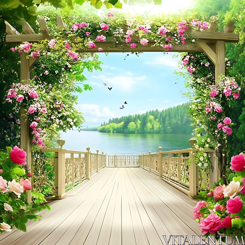 Floral Bridge Overlooking Peaceful Lake AI Image