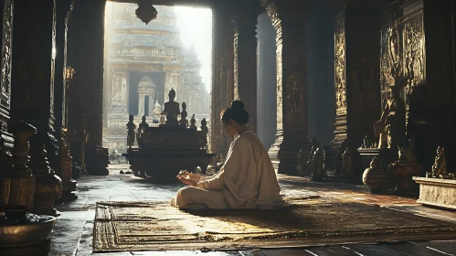 Woman Meditating in Ancient Temple