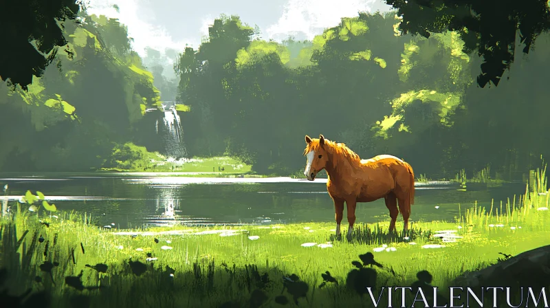 Horse by the Waterfall AI Image