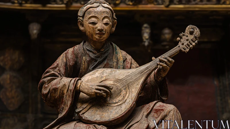 Carved Wood Musician with String Instrument AI Image