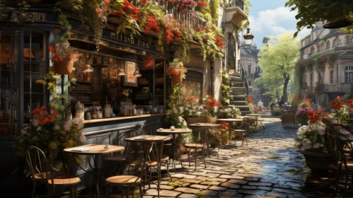 Atmospheric Cobblestone Street Scene with Flower-Adorned Tables
