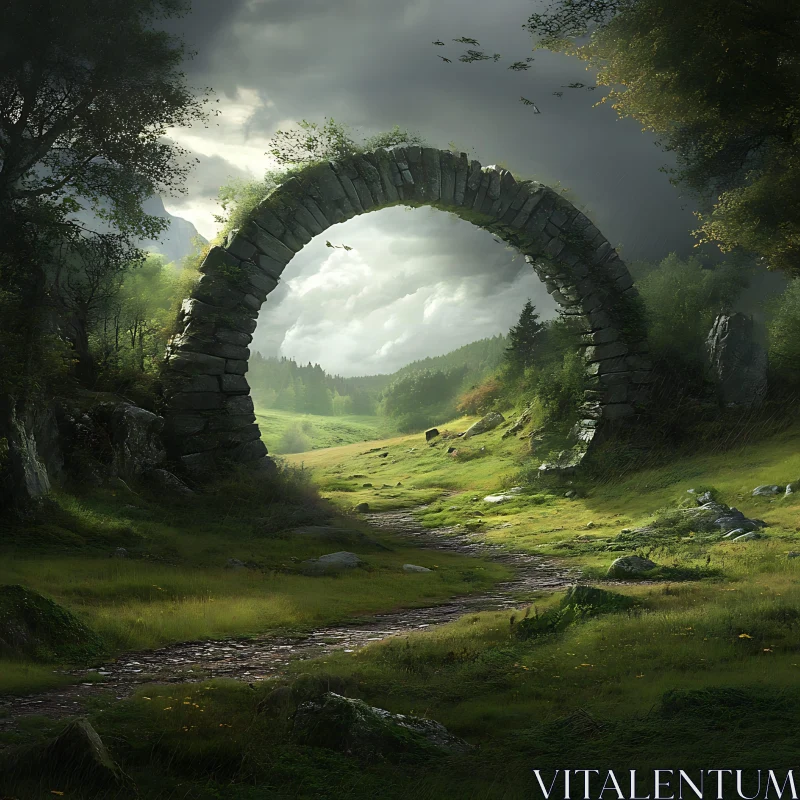 AI ART Mystical Stone Arch in Grassy Field