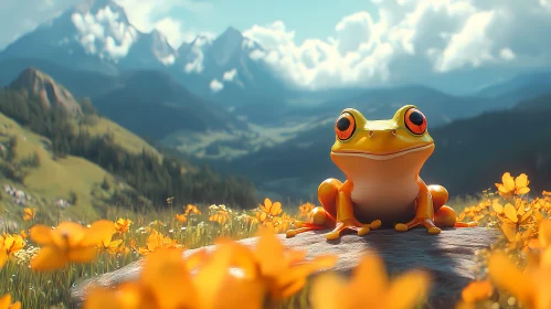 Frog and Blossoms in Mountain Setting