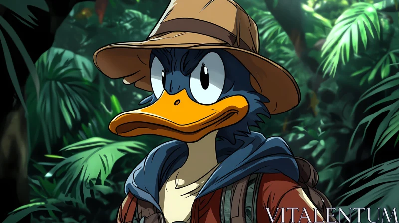 Animated Explorer Duck in Lush Environment AI Image