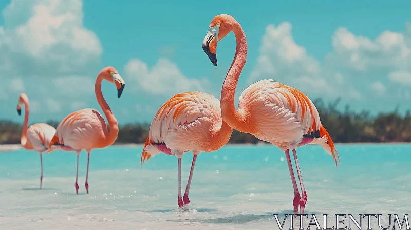 Flamingos wading in crystal clear waters AI Image