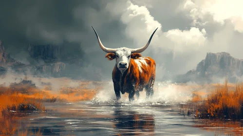 Bull Walking Through Water