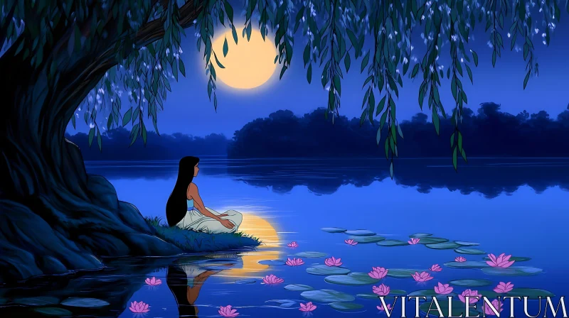 Tranquil Lakeside Meditation Under Moonlight AI Image