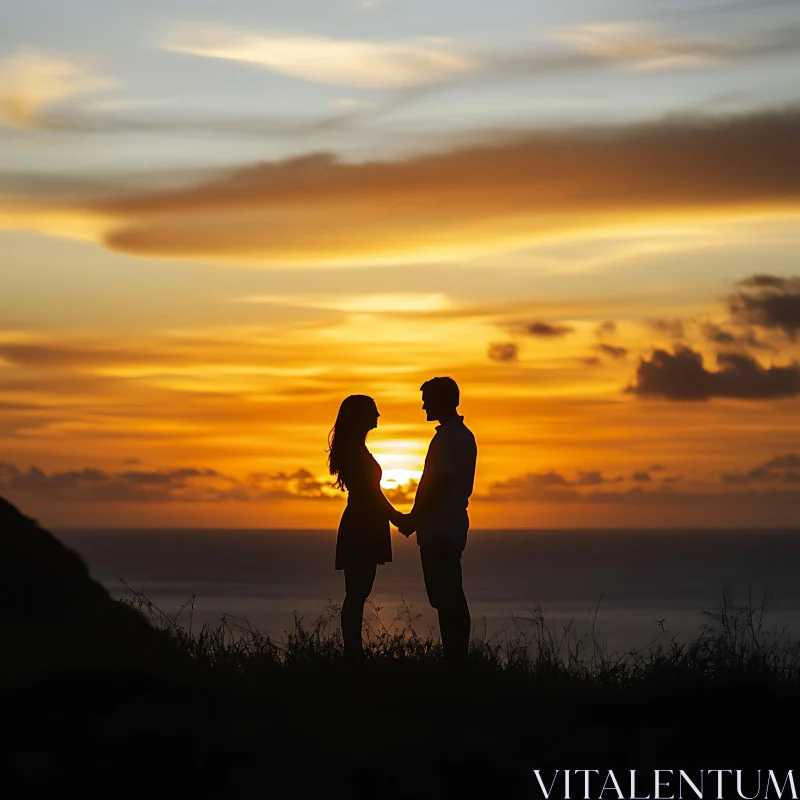 AI ART Sunset Romance: A Couple's Silhouette Embrace