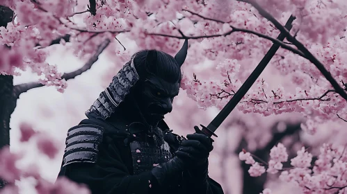 Armored Samurai with Katana Under Pink Blossoms