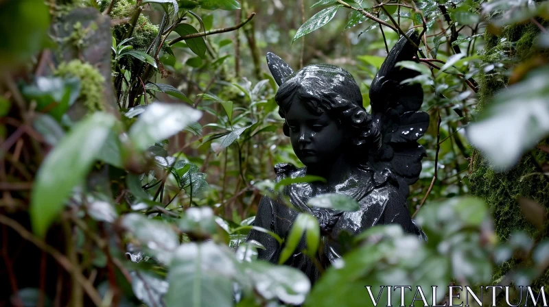 AI ART Dark Angel Statue in Forest: A Symbol of Mourning and Beauty