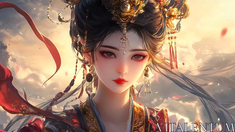 Serene Asian Beauty in Traditional Dress AI Image