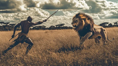 Hunter Facing Lion with Spear