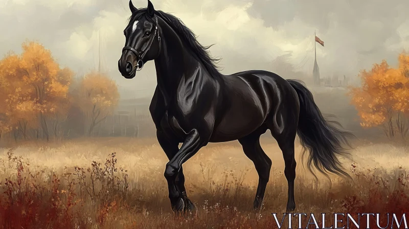 Elegant Black Steed in Fall Setting AI Image