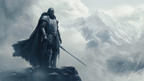 Lone Knight Overlooking Misty Mountains