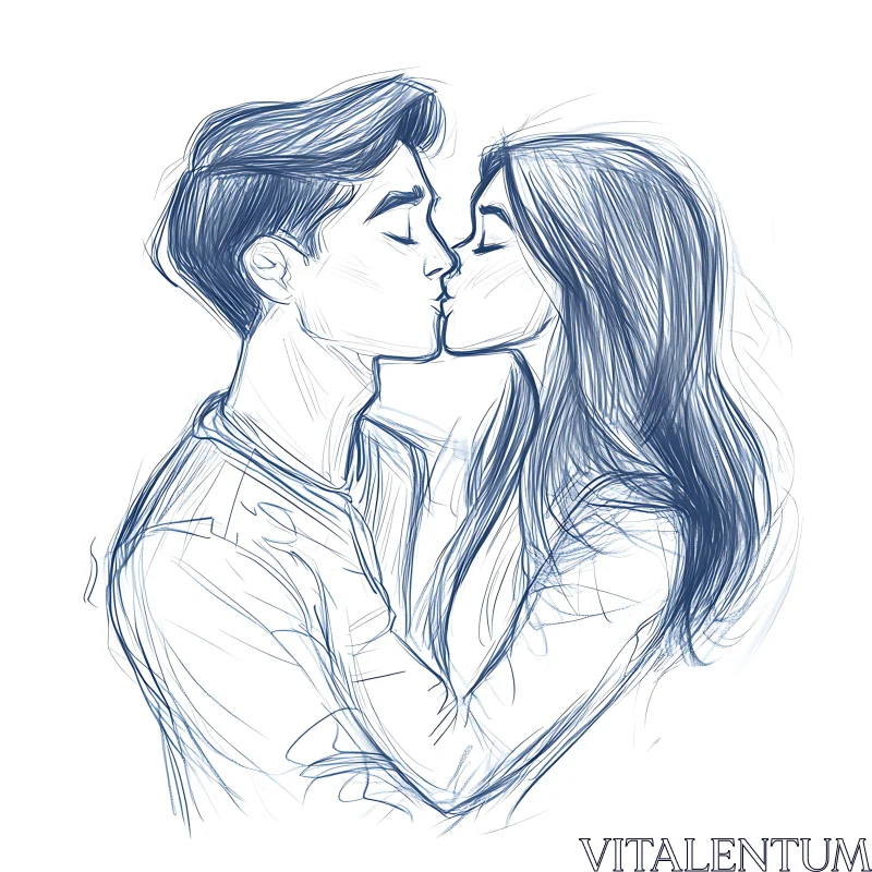 AI ART Blue Line Sketch: A Kiss of Love