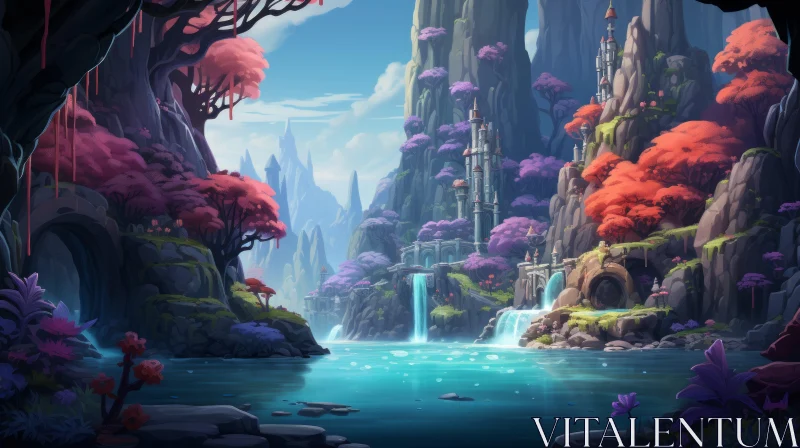 Fantasy Landscape with Waterfall and Flowers in Cartoonish Style AI Image