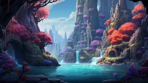 Fantasy Landscape with Waterfall and Flowers in Cartoonish Style