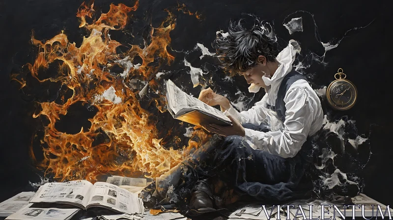 Man Reading Amidst Flames and Time AI Image