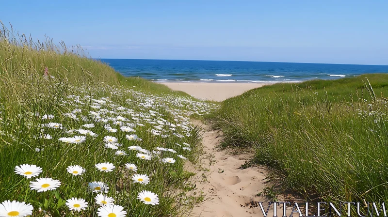 Seaside Path with Flowers and Ocean Waves AI Image