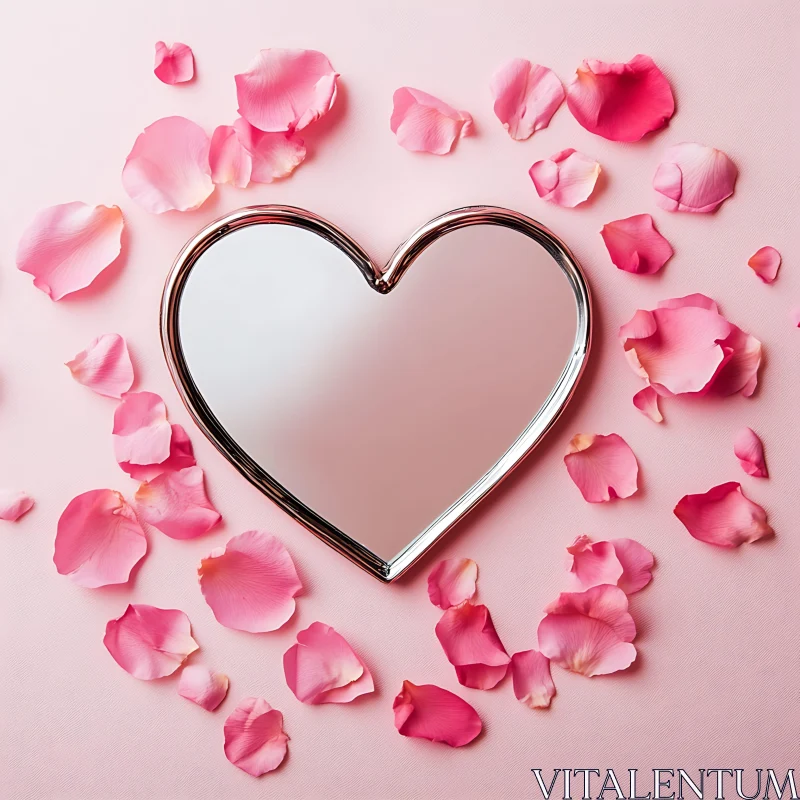 AI ART Romantic Heart Mirror with Pink Petals