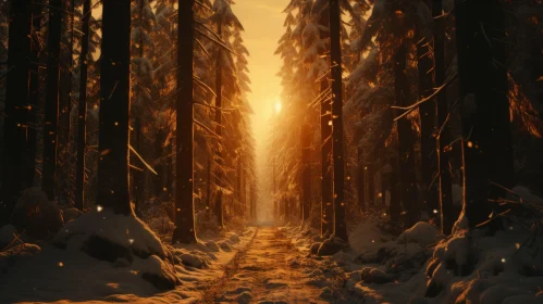 Golden Sunrise over Snowy Forest Path