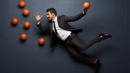 Jumping Businessman with Oranges | Contemporary Portrait Photography