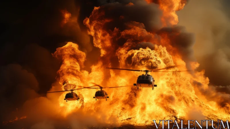 Military Helicopters Over Explosive Scene: A Moment in History AI Image