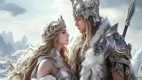 Powerful Man and Woman in Silver Armor Painting