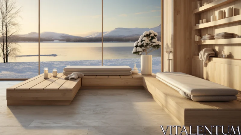 Serene Sauna with a Lakeside View in Snowy Norwegian Landscape AI Image