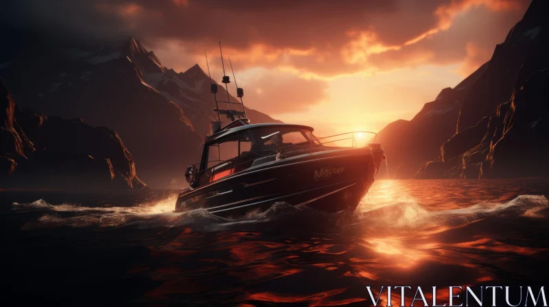 Serenity on Water: Captivating Sunset Boat Scene with Majestic Mountains AI Image