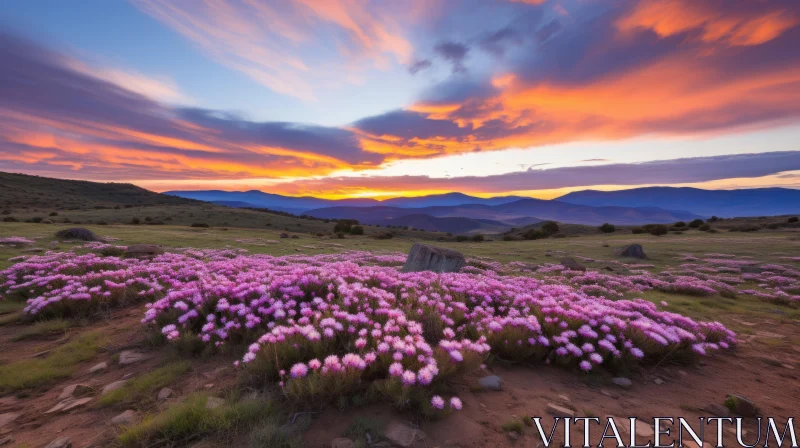 Tranquil Australian Landscape with Mountains and Flower Field at Sunset AI Image
