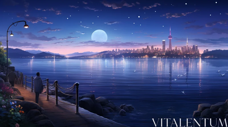 Tranquil Moonlit Cityscape in Cartoon Realism Style AI Image