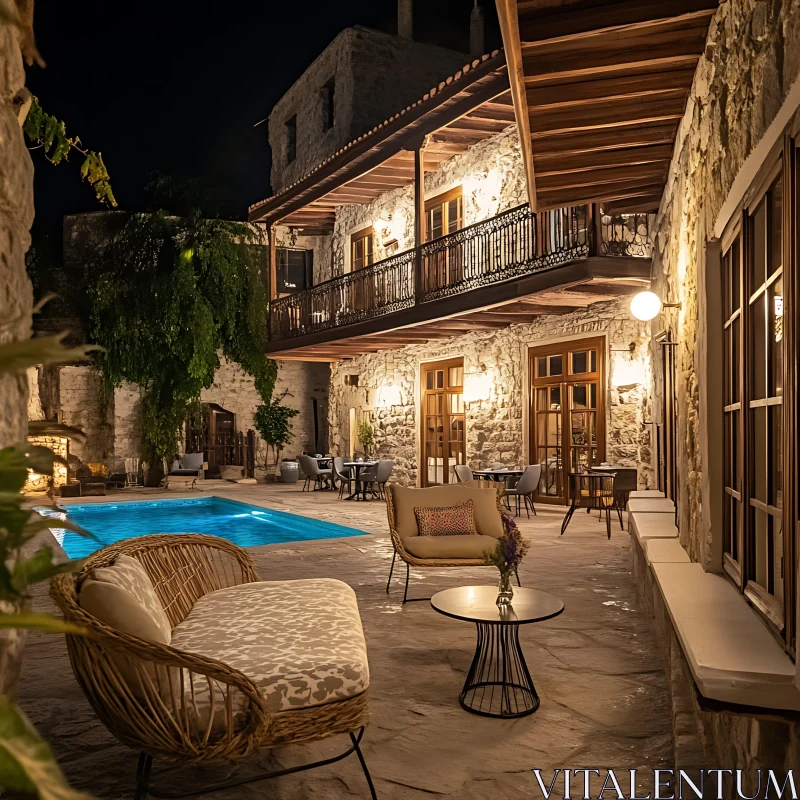 AI ART Tranquil Nighttime Courtyard with Glistening Pool