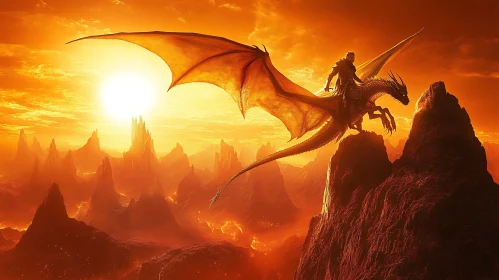 Warrior and Dragon Soaring at Sunset