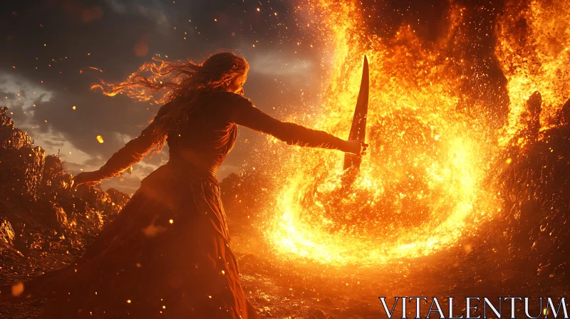 Fiery Battle: Woman with Sword AI Image