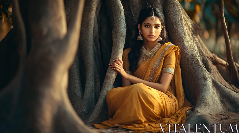 Golden Sari Portrait at Tree Base AI Image