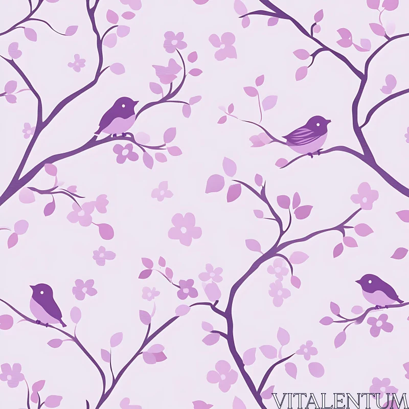 Purple Birds on Flowering Tree Branches AI Image