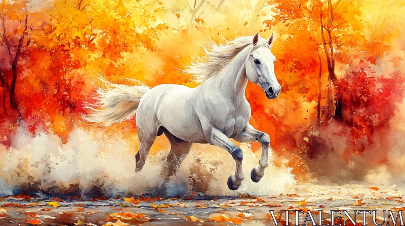 Galloping White Horse in Autumn AI Image