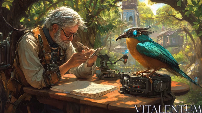 AI ART Steampunk Inventor with Avian Companion