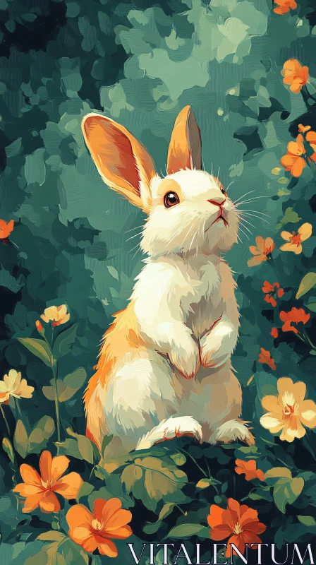 AI ART Charming Bunny Amidst Vibrant Flowers Illustration