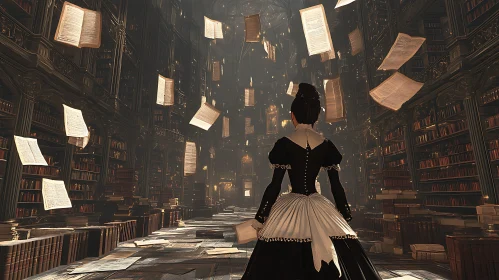 Vintage Library with a Woman and Books