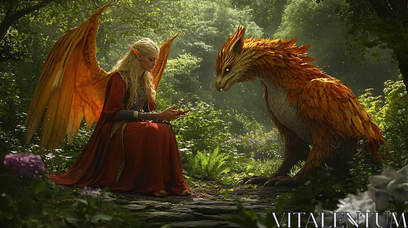 AI ART Winged Elf with Dragon in Mystic Forest