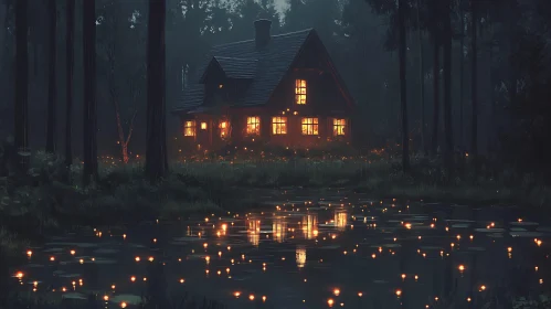 Night Cabin by the Pond